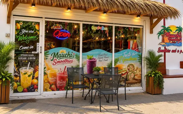 Mauchi Smoothies shop front on Main Street, San Nicolas, Aruba